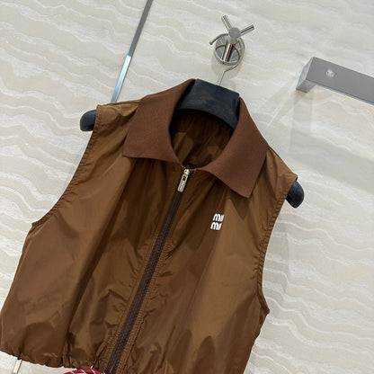 Miu Miu 25 Sport Zipper Vest Cocoa Brown Technical Fabric