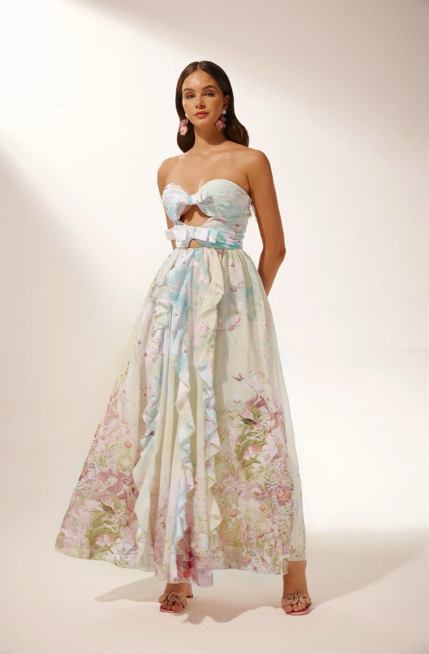 Vestido largo con volantes y aberturas estampado Octavia 