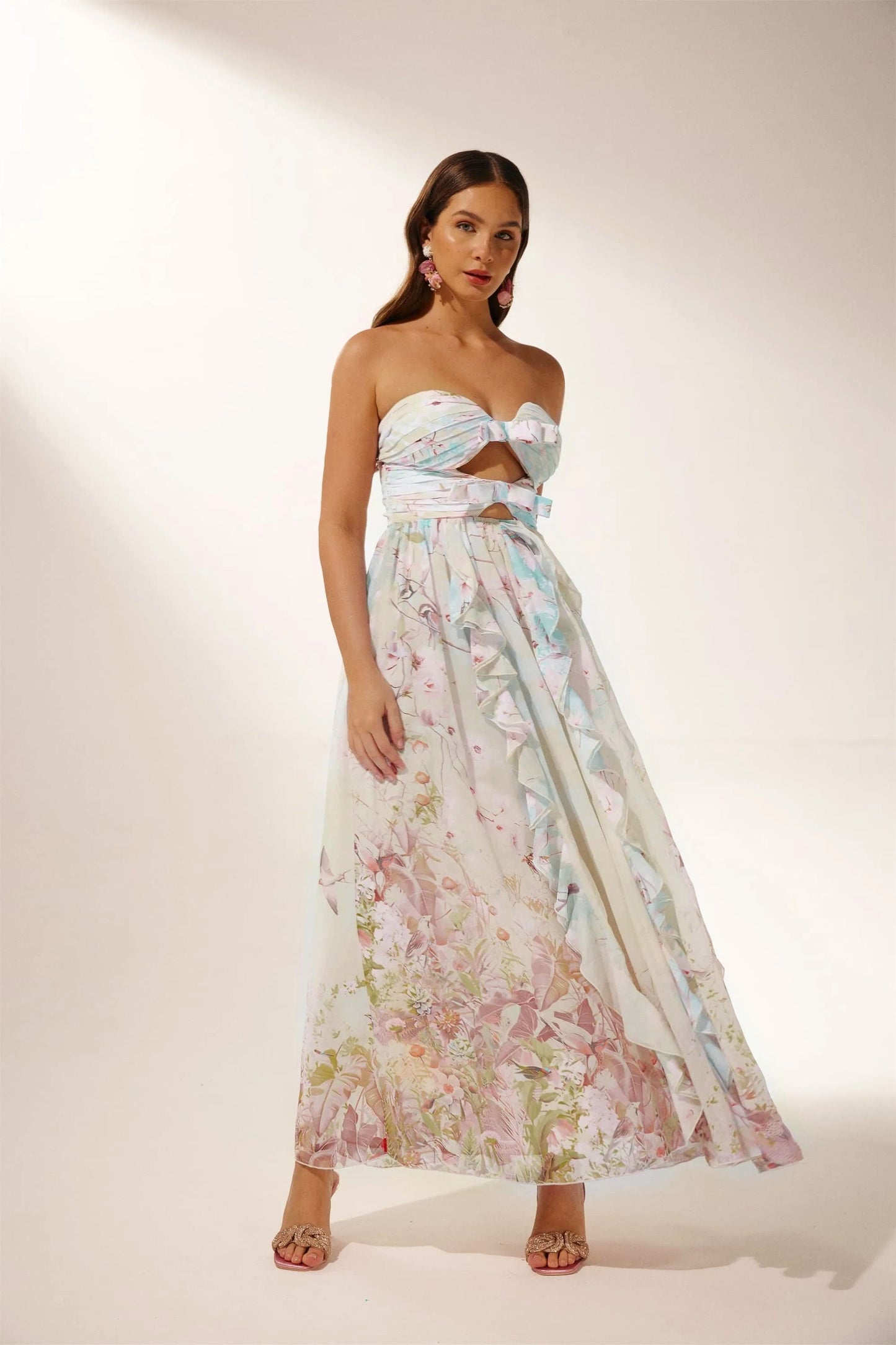 Vestido largo con volantes y aberturas estampado Octavia 