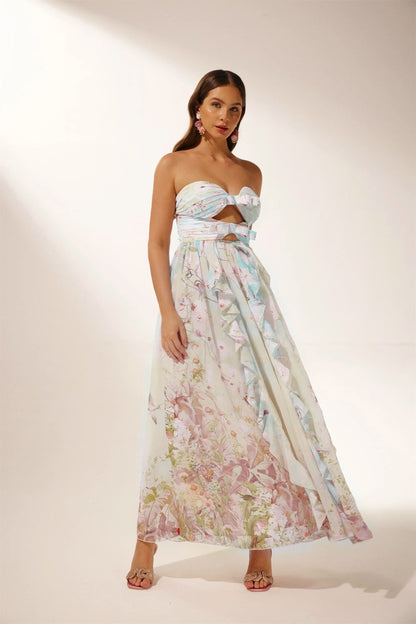 Vestido largo con volantes y aberturas estampado Octavia 