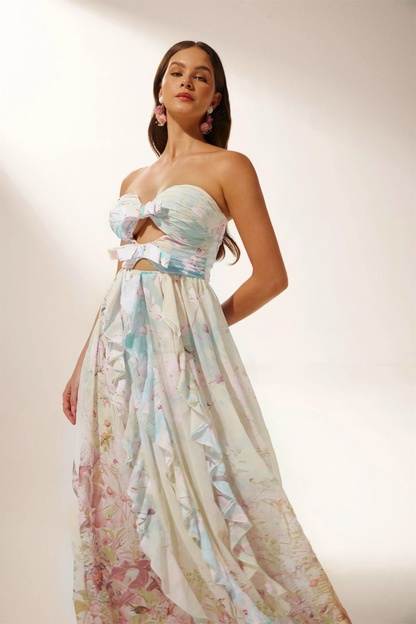 Vestido largo con volantes y aberturas estampado Octavia 