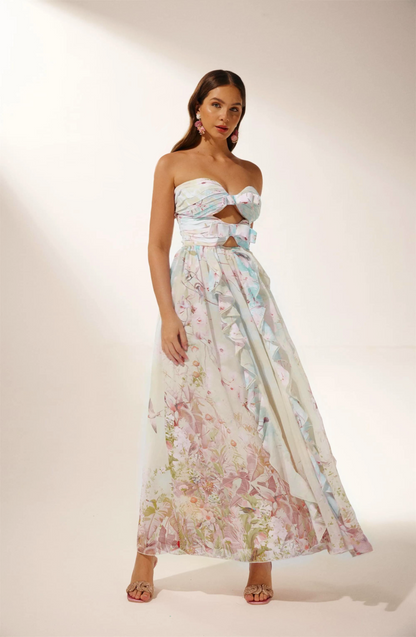Vestido largo con volantes y aberturas estampado Octavia 
