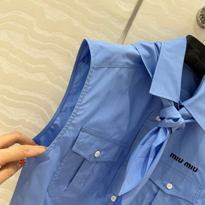 Miu Miu 25 Bow Tie Vest Shirt Blue Cotton