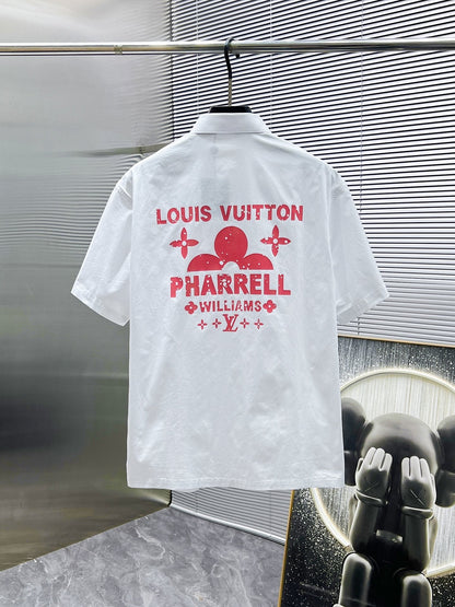 LV SHORT-SLEEVED SHIRT IN WHITE COTTON PINK LOGO 238814