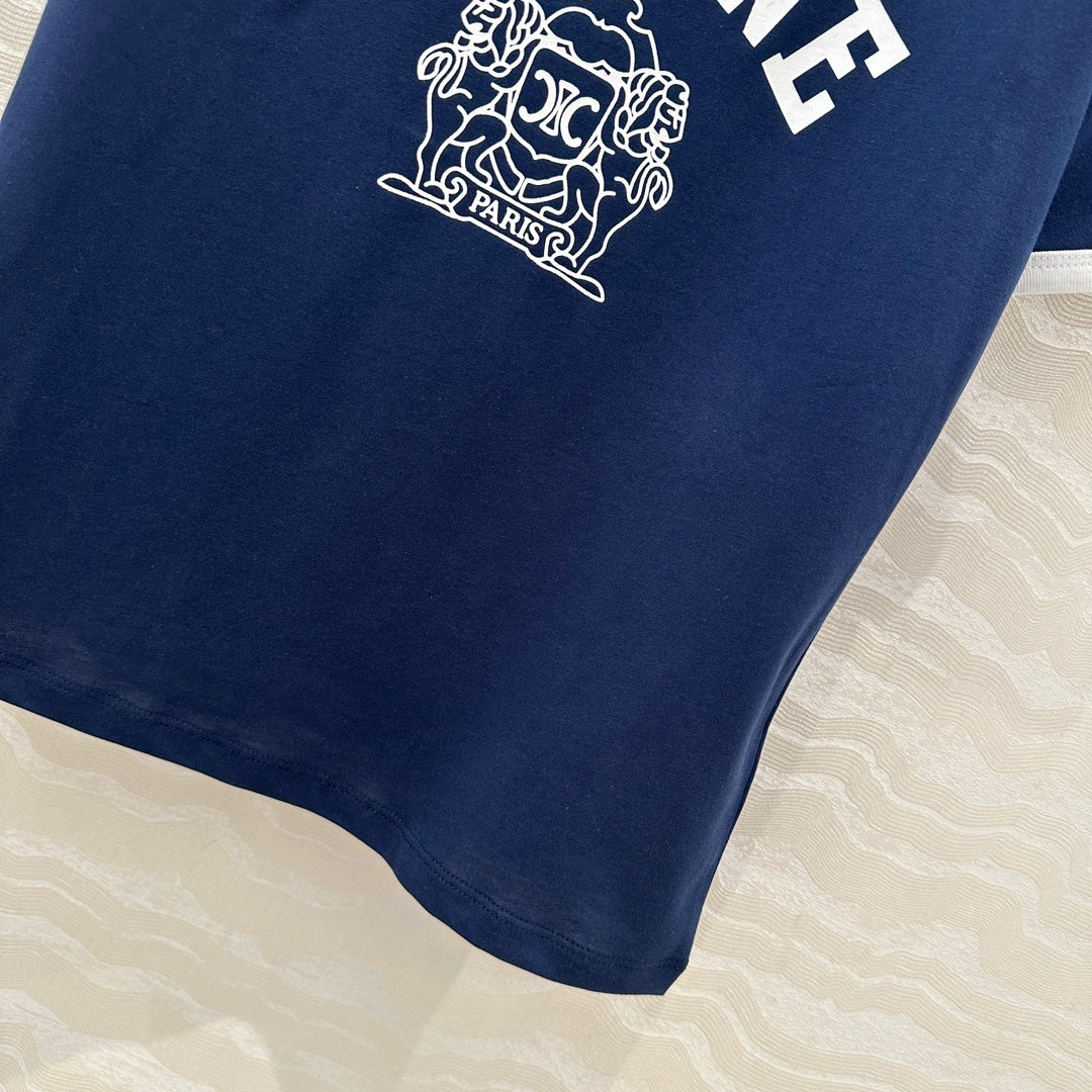 Celine 25 Arc de Triomphe Letter Short Sleeve T-shirt Navy Blue mix White Cotton