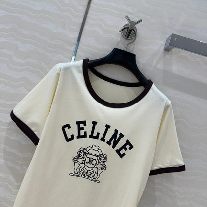 Celine 25 Arc de Triomphe Letter Short Sleeve T-shirt Off-white mix Black Cotton