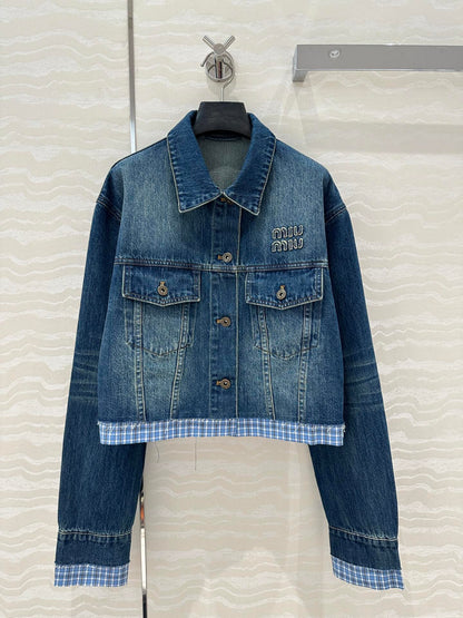 Miu Miu Plaid Denim Jacket Blue Cotton