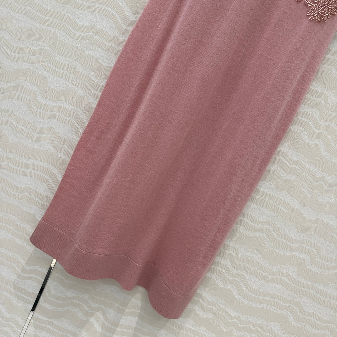 Fendi Beaded Flower Knitted Dress Pink Wool