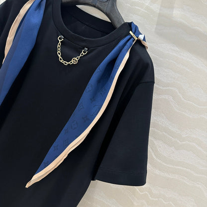 LV High-Sense Silk Scarf T-shirt Black White Cotton