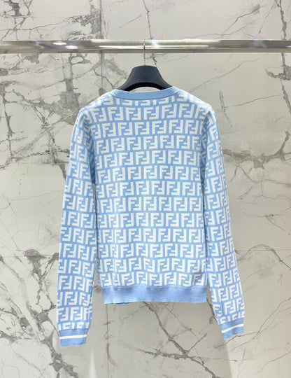Fendi Double f Letter Knitted Cardigan Blue Wool