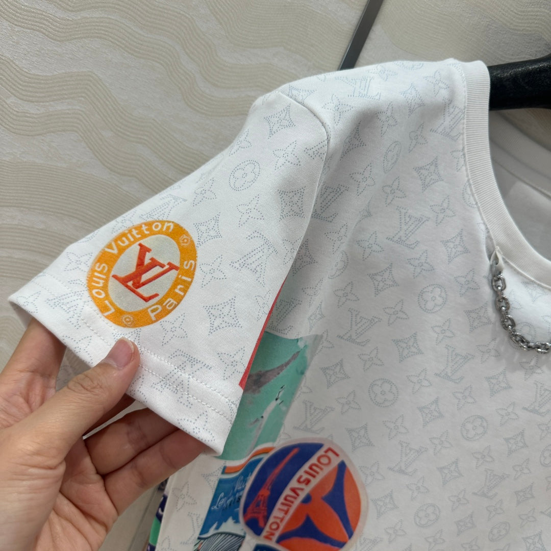 LV Pattern Logo Positioning Poster Badge Printed Croptop Shirt White Cotton