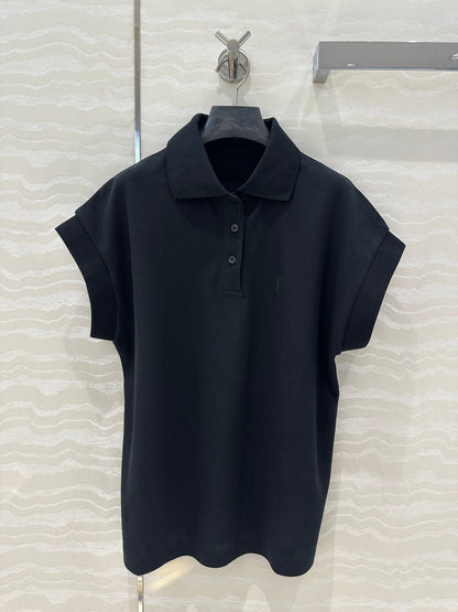 YSL Polo Collar T-shirt Black Cotton Polyester