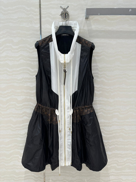 LV Classic Monogram patchwork Contrast Design Dress Black White Polyester