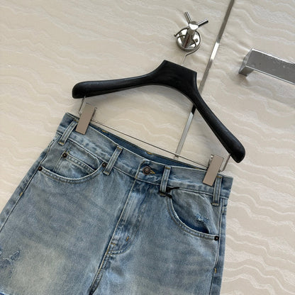 Celine Logo Embroided Denim Short Light Blue Cotton