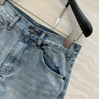 Celine Logo Embroided Denim Short Light Blue Cotton