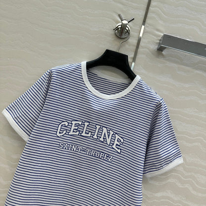 Celine 25 Striped Letter Short-sleeved T-shirt Blue White Cotton