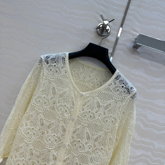 CD Hollowed-out Cardigan Light Cream Cotton
