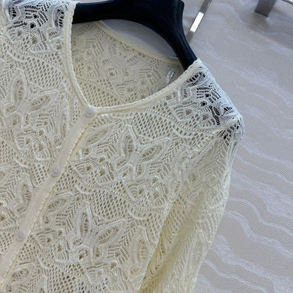 CD Hollowed-out Cardigan Light Cream Cotton