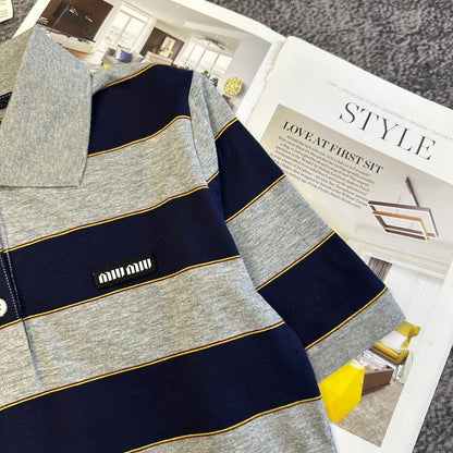 Miu SS26 Polo T-Shirt Striped Black Grey Cotton 350879