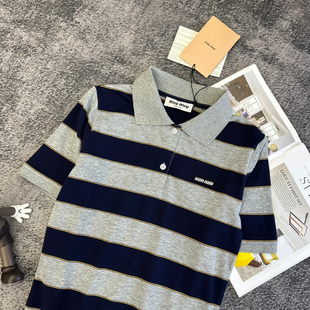 Miu SS26 Polo T-Shirt Striped Black Grey Cotton 350879