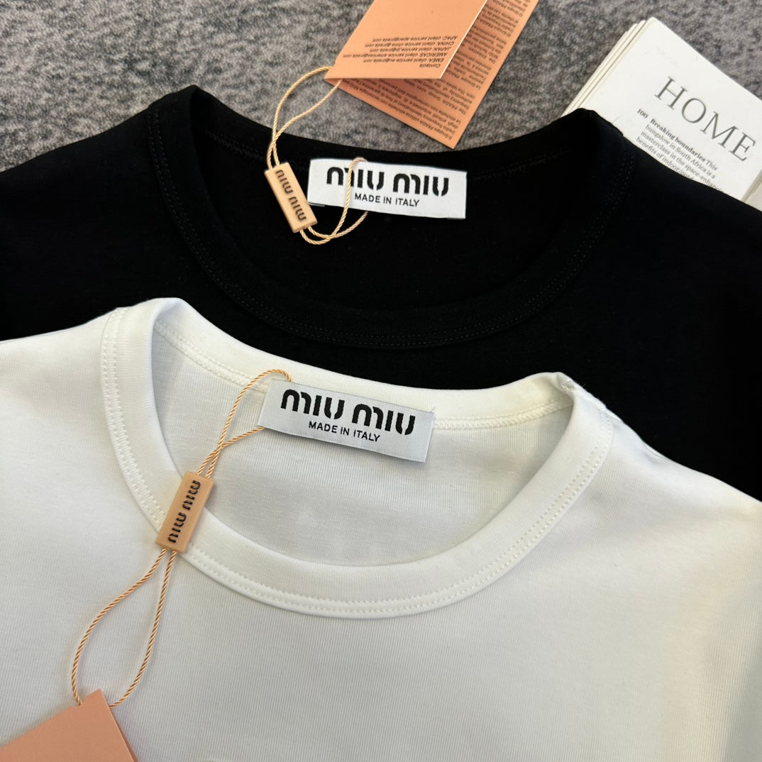 Miu SS26 Crystals Logo Embroidery T-shirt Cotton 350561