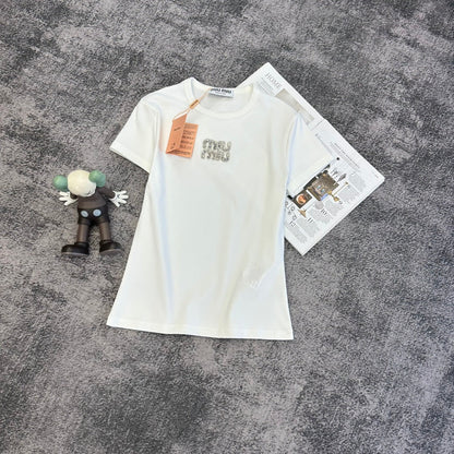 Miu SS26 Crystals Logo Embroidery T-shirt Cotton 350561