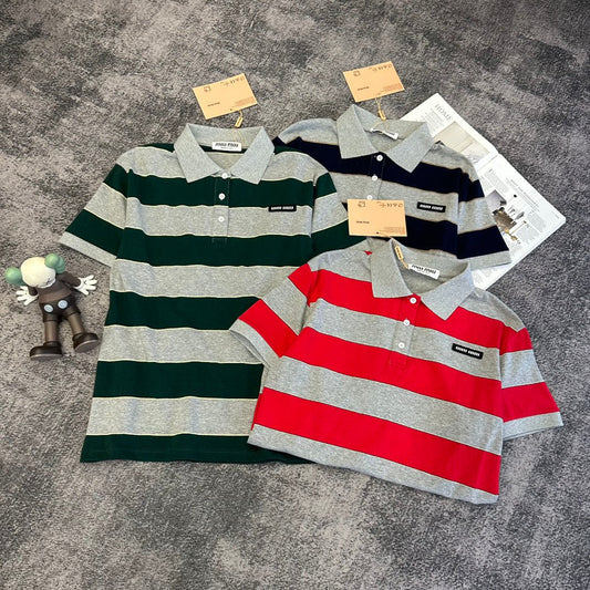 Miu SS26 Striped Jersey Polo Shirt Cotton 350620