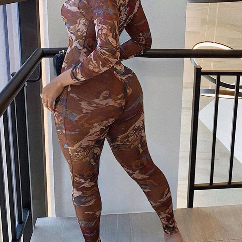 Sexy Printed Tight Jumpsuit Hip High Elastic Mesh Casual Pants