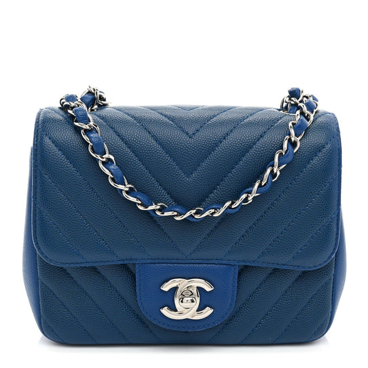 Caviar Chevron Quilted Mini Square Flap Blue