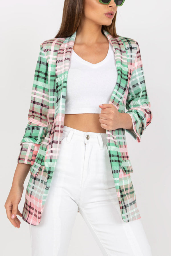 Blazer informal para mujer, chaqueta de traje de oficina con bolsillos y manga larga a cuadros de color y abertura frontal