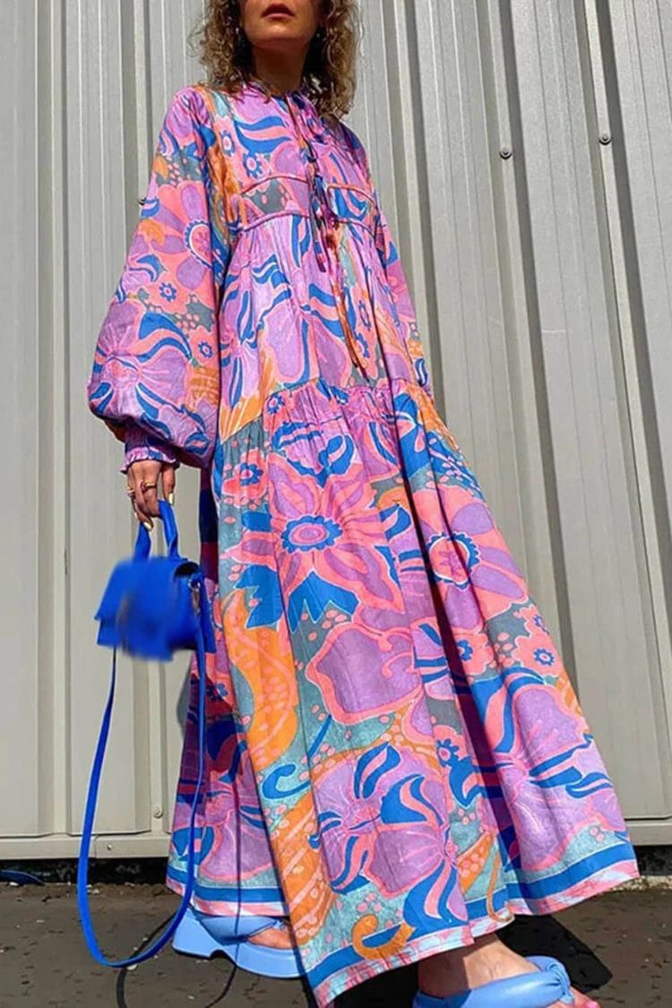 Vestido plisado de fiesta con mangas farol y lazo, estampado floral bohemio 