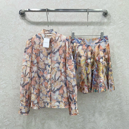 ZIMMER STAND-COLLAR PRINTED STUDDED TOP AND HIGH-WAIST FLARED SKIRT SET