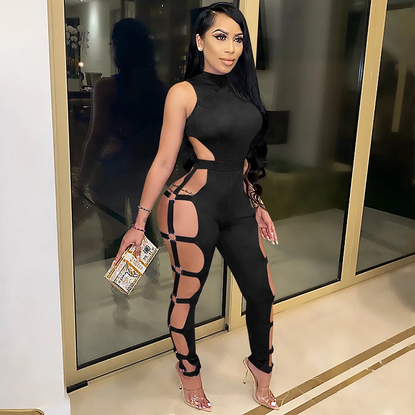 Mono sexy ajustado sin espalda con cortes para mujer