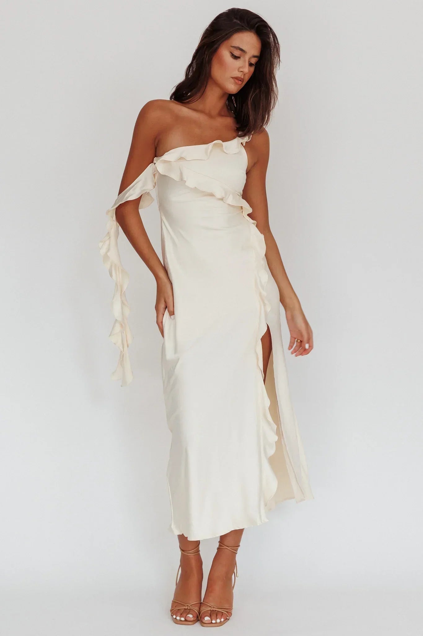 Like Yesterday Satin Ruffle Midi Dress Butter
