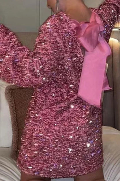 Vestido de fiesta de lentejuelas con lazo en la espalda y mangas largas