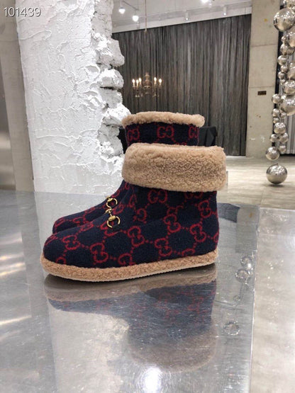 GG Horsebit Snow Navy Blue Red Suede Fleece 576254