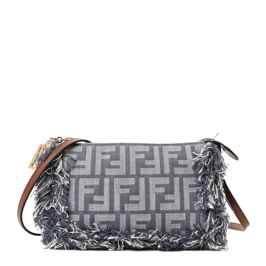 Denim Vitello Fringe FF Embroidered Baguette Pouch Myrtle Dark Nut