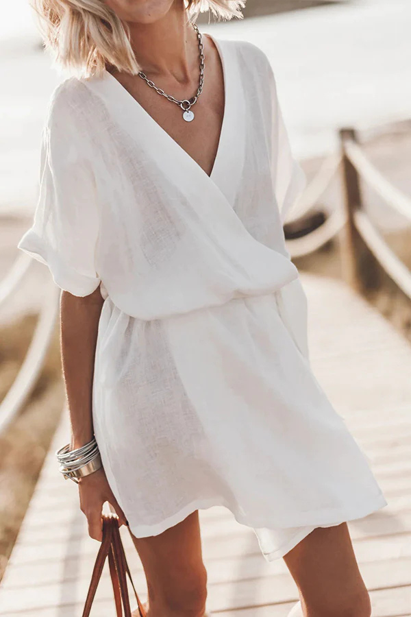 Vestido mini kimono de mezcla de lino y algodón con cinturón y bolsillos