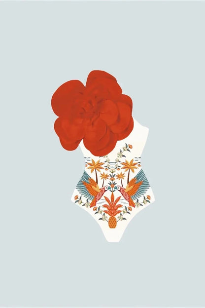 Floral Print One-Piece with 3D Flower Detail