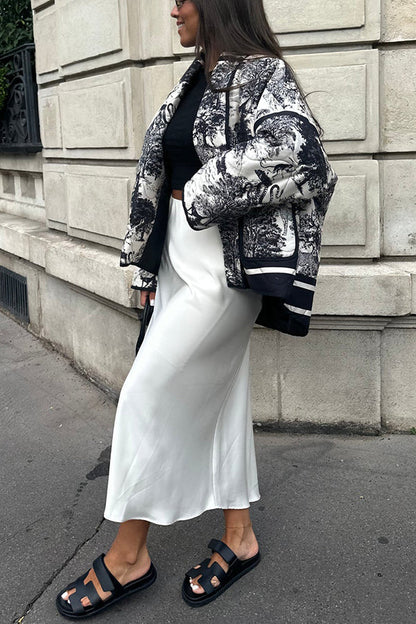 Chaqueta tipo kimono de algodón acolchado con bolsillo y estampado de tinta de porcelana con canciones románticas 