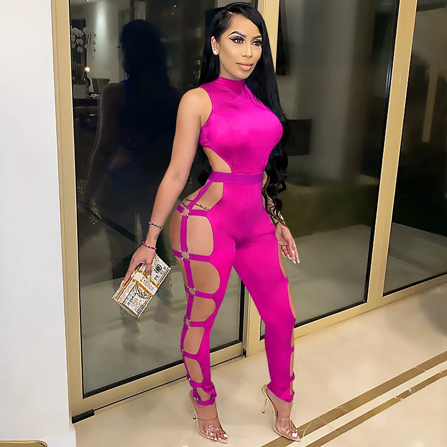 Mono sexy ajustado sin espalda con cortes para mujer