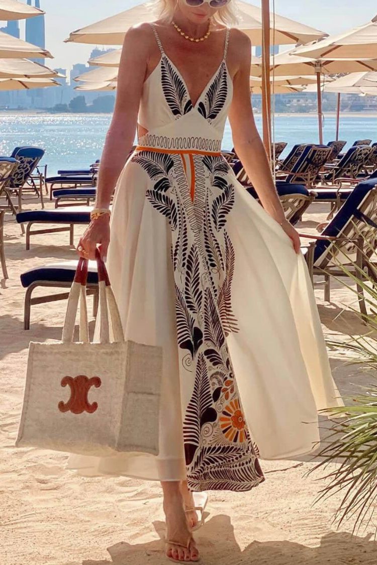Vestido largo clásico de lino con estampado único, sexy, escote en V y lazo en la cintura