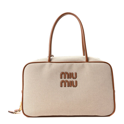 Canvas Calfskin Large Beau Top Handle Bag Naturale Brandy