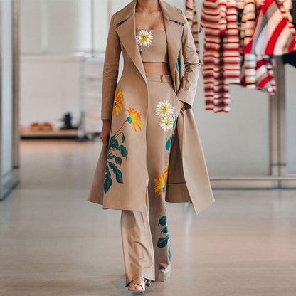 Conjunto de gabardina larga con estampado floral para mujer, ropa de otoño e invierno