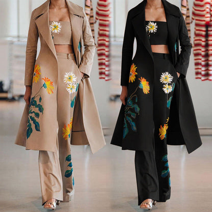Conjunto de gabardina larga con estampado floral para mujer, ropa de otoño e invierno