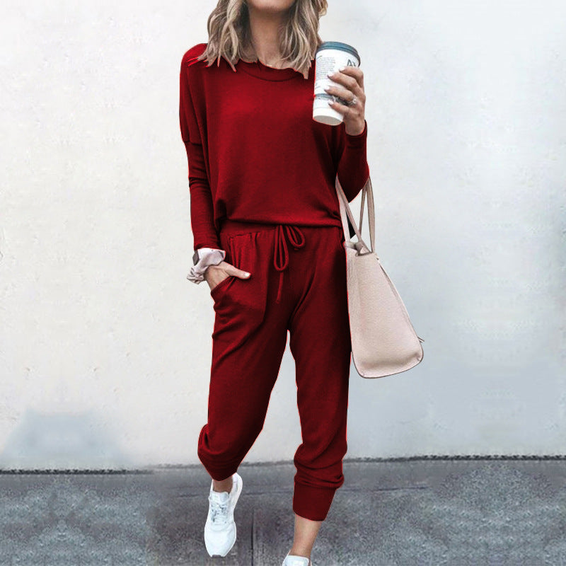 Conjunto de dos piezas para mujer, otoño e invierno, holgado, color liso, manga larga, informal