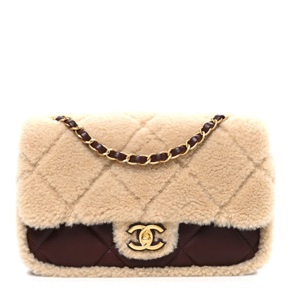 Shearling Lambskin Quilted Furry Coco Flap Dark Brown Beige