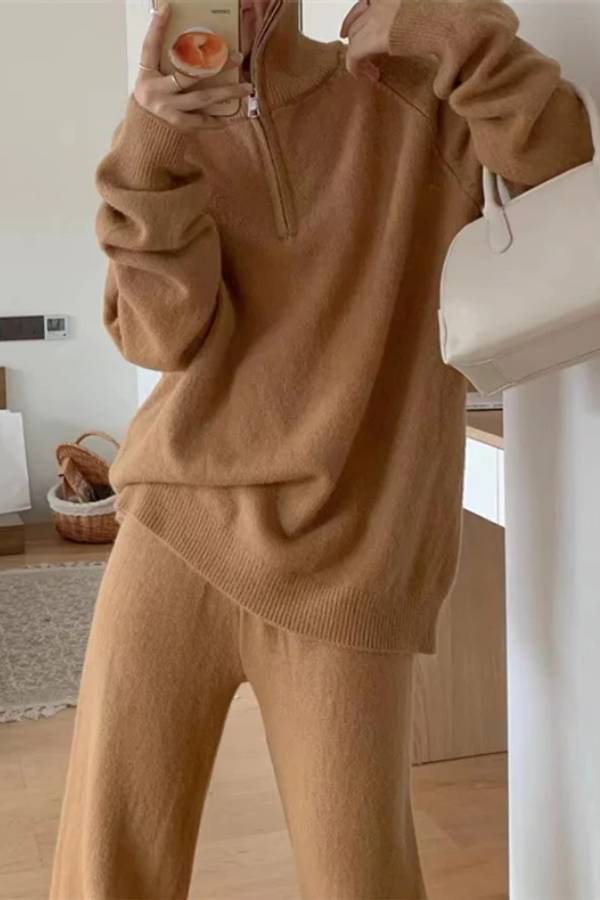 Traje informal de dos piezas con suéter de solapa y pantalones anchos