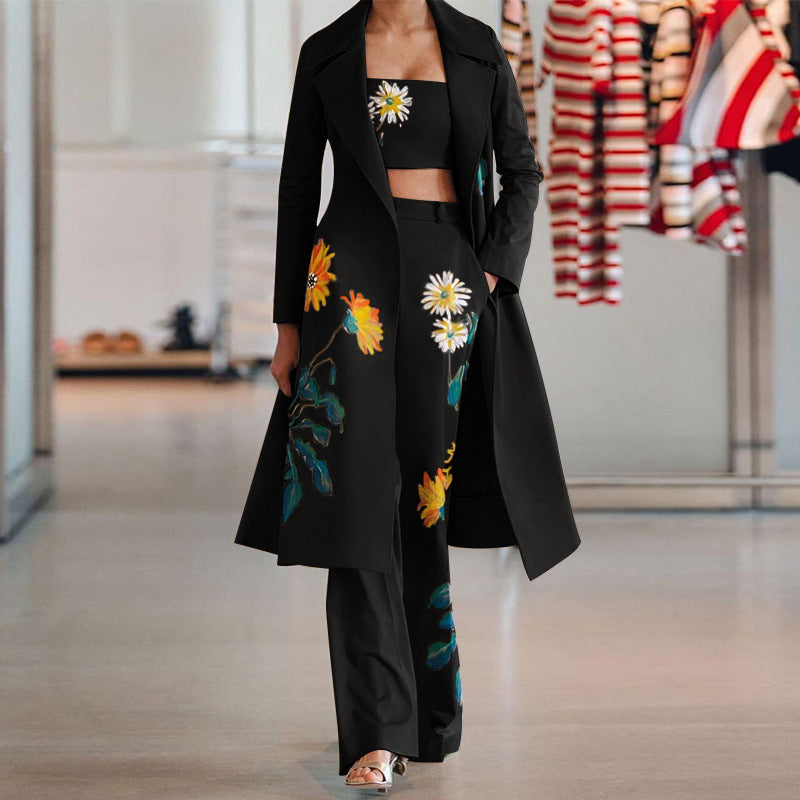 Conjunto de gabardina larga con estampado floral para mujer, ropa de otoño e invierno