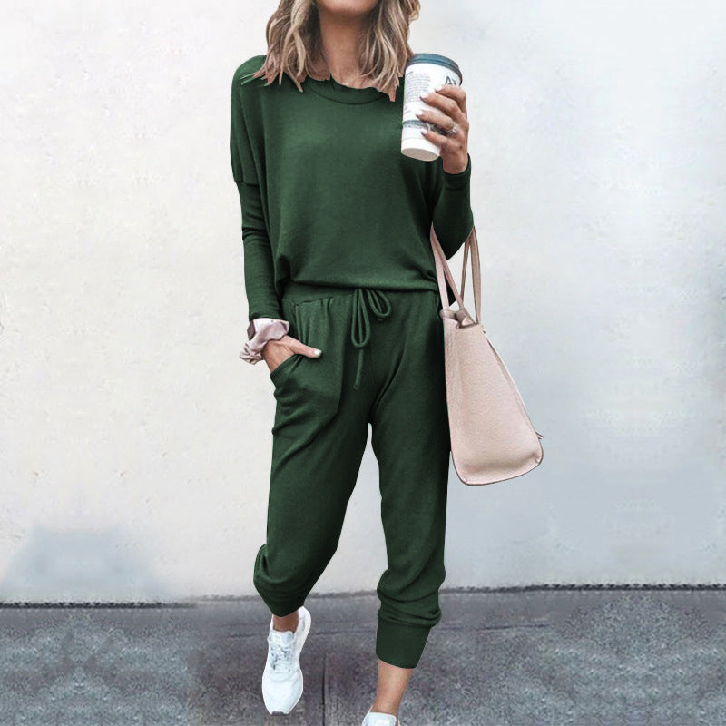 Conjunto de dos piezas para mujer, otoño e invierno, holgado, color liso, manga larga, informal